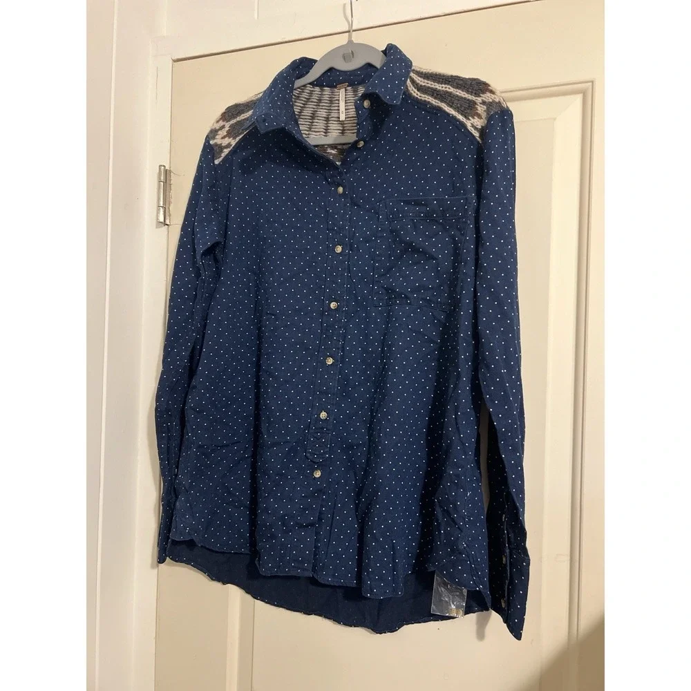 Free People Blue‎ Polka Dot Western Button Down Festival Long Sleeve Flannel Top